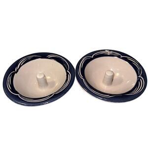 Pair Blue on White Combed Rim Original Apple Bakers Baking Dishes HANDMADE USA